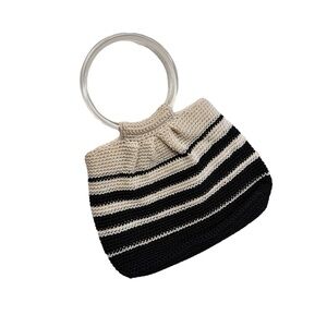 Crochet Beach Knit Handbag Acrylic Clear Round Handles Black Cream Vintage 90s